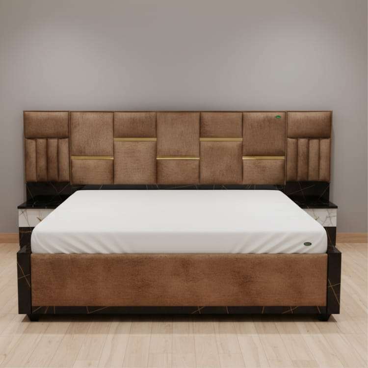 Sand Brown Texture Luxury King Size Bed with Designer Headboard and Storage
